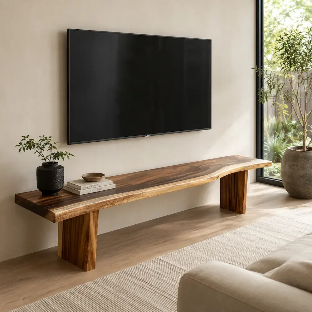 Live-edge wooden console shown in a warm modern living room created with Zemqo
